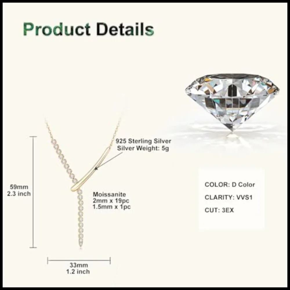 925 Sterling Silver Moissanite Y Pendant Necklace 0.58CTTW